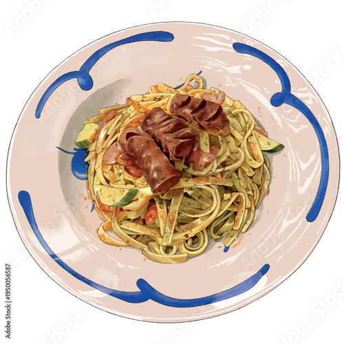 Hot Sausage Fettuccine On A White Plate