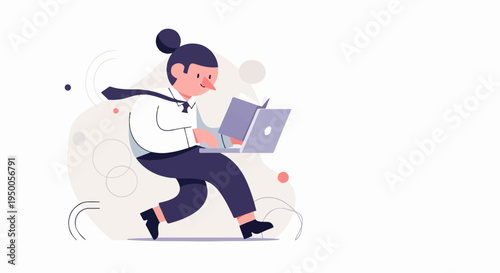 Person in business attire running while looking at a laptop and book