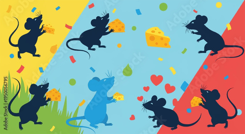 Colorful illustration of mice playing with confetti and hearts on yellow blue and red background