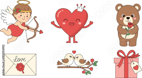 Valentine’s Day Love Characters Set with Cupid, Heart with Crown, Love Birds, Bear with Rose, and Gift Box, Perfect for Cards and Gifts