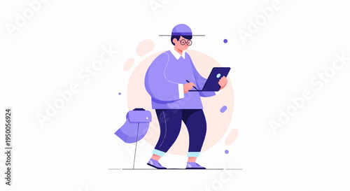 Person in purple with glasses and hat using laptop, bag nearby