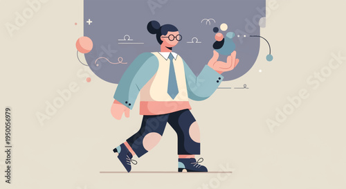 Person in stylish attire holding molecular structure, with abstract shapes and lines