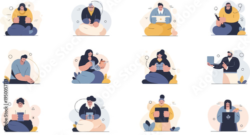 Flat illustrations of diverse people engaged with various digital devices