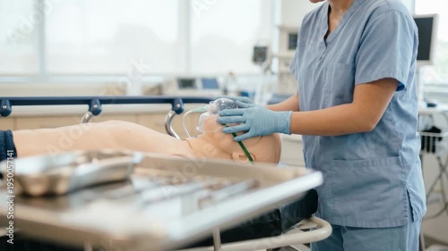 Tracking shot of nurse applying oxygen mask to patient on hospital stretcher in emergency room with medical equipment