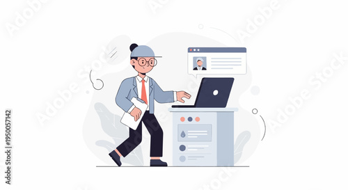 Person in suit and cap working on laptop with digital profile on screen