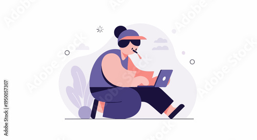 Person in casual attire sitting cross-legged, focused on a laptop with a cigarette in mouth