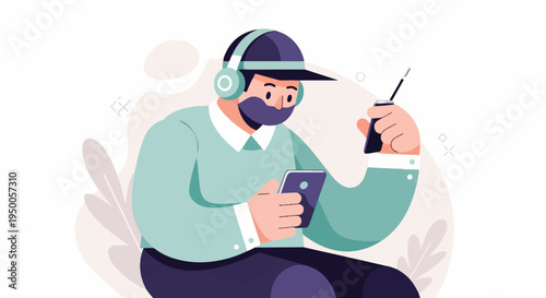Person in cap and headphones holding phone and mate