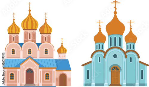 Russian Orthodox church illustration set featuring onion domes, crosses, colorful architecture, and traditional Eastern European religious design in stylized vector artwork for culture and heritage pr