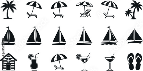 Tropical Summer Beach Icon Set Featuring Palm Trees Sailboats Beach Chairs Umbrellas Cocktails Flip Flops And Seaside Cabana In Black Silhouette
