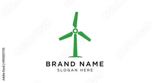 Green wind turbine logo with brand name and slogan.