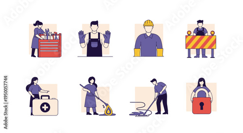 Eight flatdesign icons depicting workers and safety equipment in two rows