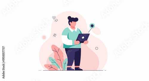 Person holding a laptop, surrounded by abstract shapes and foliage