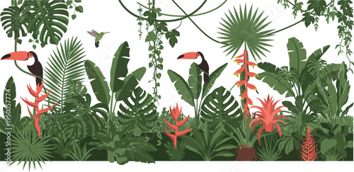 Tropical jungle scene with vibrant greenery and colorful exotic birds and flowers in bright sunlight