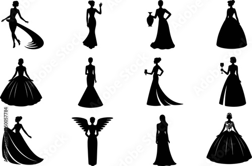 Elegant women gown silhouettes collection, fashion model dresses, luxury evening wear, princess ball gown female figure black vector illustration