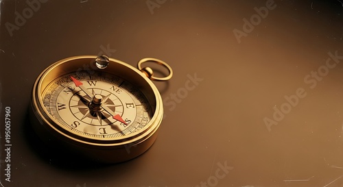Close up of a golden compass against a brown background for navigation