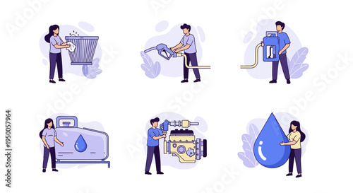 Six illustrations depict maintenance fueling storage and fluid handling in a flat modern style