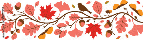 Vibrant autumn leaves on brown branches against a white background for seasonal designs and patterns