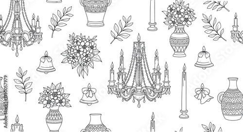 Elegant Hand Drawn Interior Decoration Elements Set Featuring Chandeliers Vases Flowers Candles And Bells In Vector Line Art Style Background