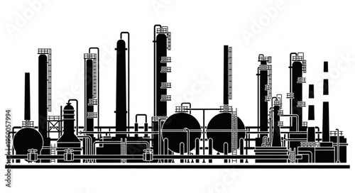Industrial Chemical Plant Silhouette with Towers and Tanks.