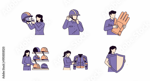 Six illustrations depicting safety equipment inspection selection and use
