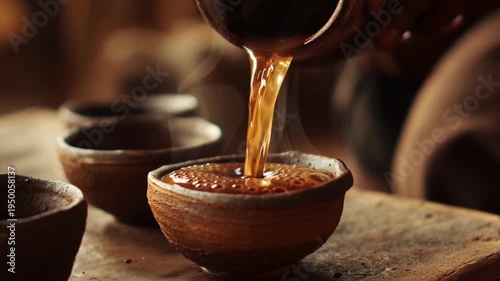 A close-up captures the intimate ritual of tea ceremony. Pouring steaming tea in a rustic earthenware cup, its rich amber liquid cascading with inviting warmth.