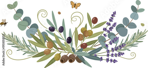 A colorful arrangement of flowers leaves and branches with butterflies and bees on white background