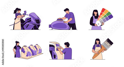 Six illustrations depicting various stages of vehicle painting and color selection