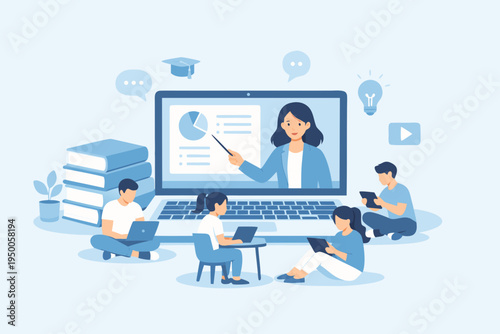 Online Education, E-Learning, Webinar, Teacher with Students on Laptop, Vector Illustration