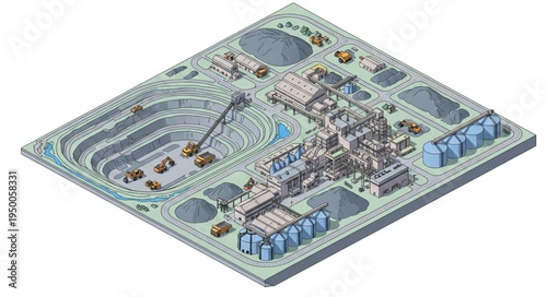 Industrial complex with mining and processing facilities aerial view.