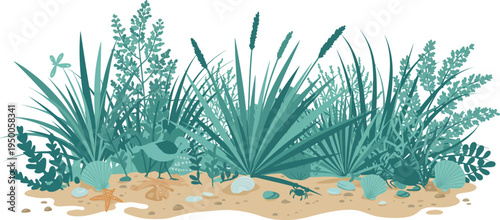 Illustration of various green plants and grasses growing in sandy soil on white background