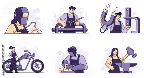 Six illustrations of people performing various skilled trades and manual labor