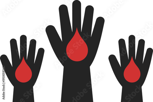 Blood donation concept illustration with raised hands holding red blood drops, volunteer charity support symbol, healthcare awareness campaign, medical help community vector icon