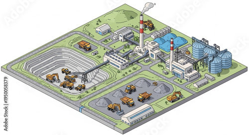 Industrial complex with mining quarry and factory buildings.