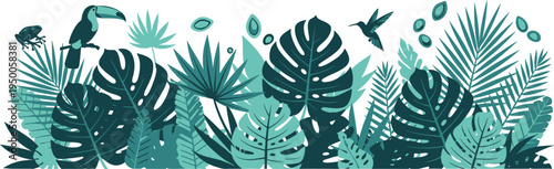 Tropical leafy green foliage with various palm and monstera plants on white background border