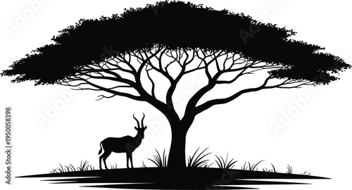 African Antelope Silhouette standing beneath large Acacia Tree, vector illustration for wildlife, savanna landscape