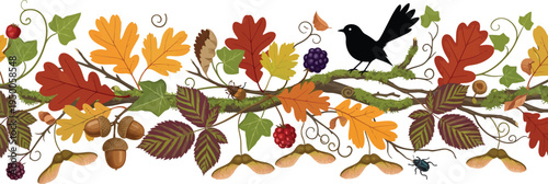 Autumn leaves and acorns with a black bird on a tree branch in fall season
