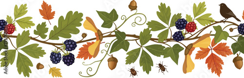 Vibrant autumn leaves and berries on a tree branch with two small birds perched