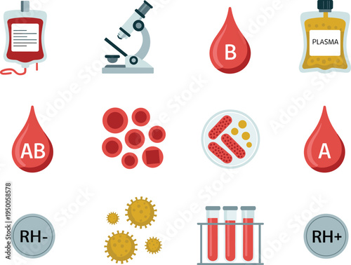 Medical blood donation and laboratory testing icons set including microscope plasma red cells bacteria blood types A B AB Rh vector illustration healthcare transfusion science