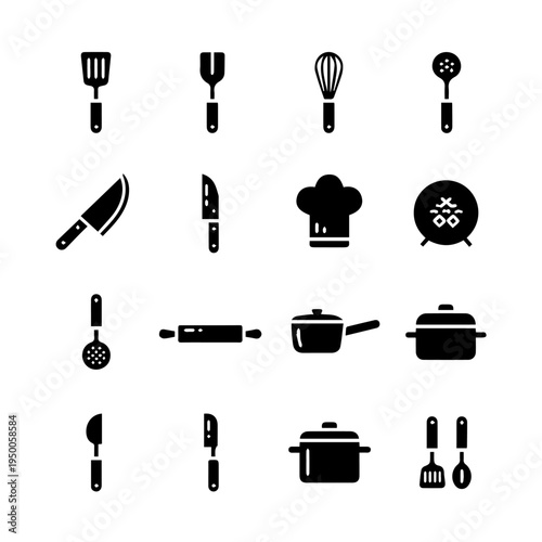 Collection of kitchen utensils and cooking equipment icons