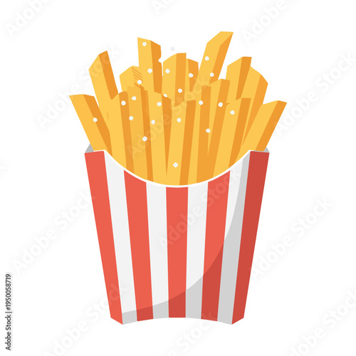 A vibrant and appetizing graphic illustration of crispy golden french fries in a striped carton