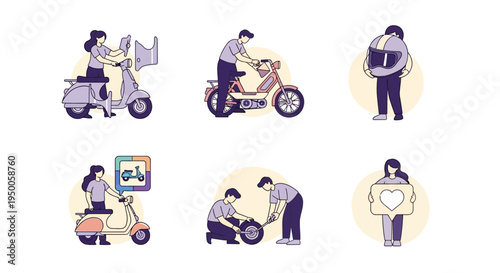 Six vignettes illustrating people interacting with scooters and motorbikes