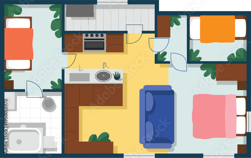 Modern apartment floor plan top view with two bedrooms kitchen bathroom living room furniture layout interior design vector illustration for real estate architecture planning