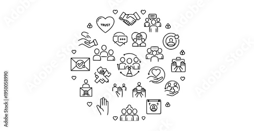 Friendship love trust line icons handshake teamwork social responsibility vector set