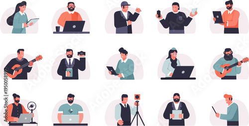 Flat illustrations of people engaged in diverse professional and creative activities