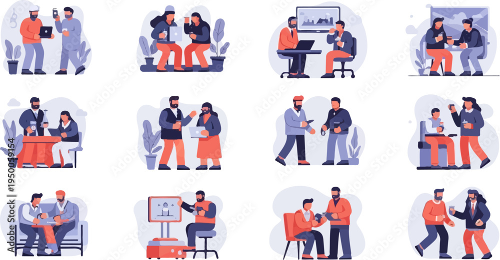Fototapeta premium Flat illustrations of people interacting in various casual business and social settings