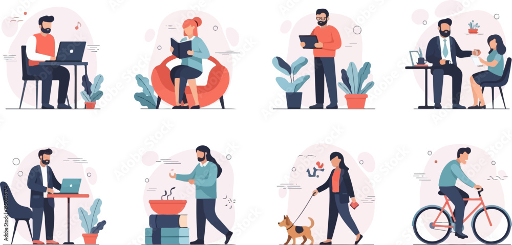 Fototapeta premium Flat illustration of people engaged in various daily activities