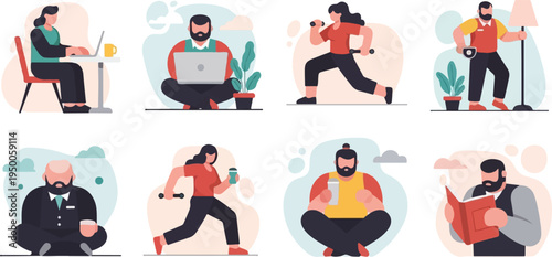 Flat illustrations of people engaging in various daily activities, work, and leisure