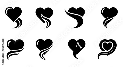Collection of creative black silhouette heart icons and logos