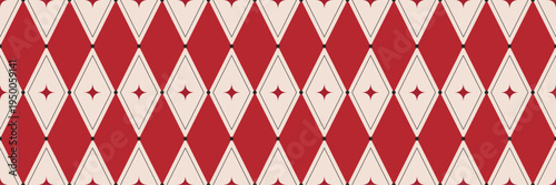 Red Circus Argyle Seamless Pattern with Star. Harlequin rhombus background. Geometric masquerade ornament. Holiday festival. Simple print for wrapping paper, fabric and textile. Vector illustration