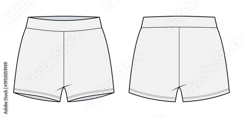 Teens Knit Athletic Inner Shorts Technical Fashion Illustration. Stretch Compression Exercise Shorts Vector Template. Front and Back View Women’s Activewear CAD Mockup.